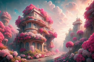 Fototapeta premium Serene Pink Flower Garden Architectural Photography: Dreamy Tranquil Peaceful Scene