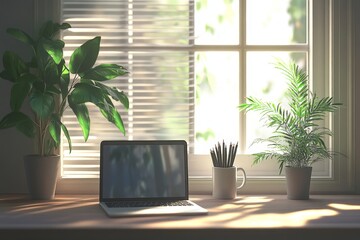 A cozy home office setup with a laptop, coffee mug, and plant, sunlight streaming through the window
