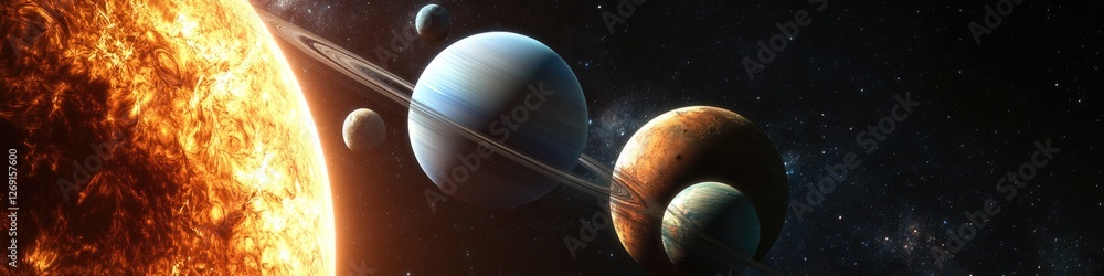Poster a group of planets orbiting around a shining sun in space, great for astronomy or futuristic concept