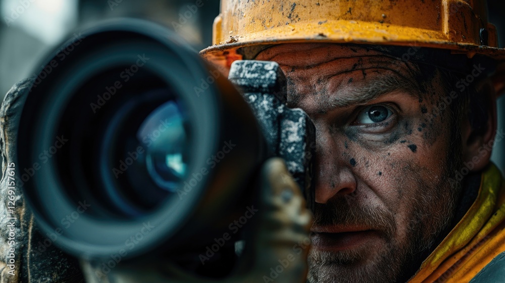 Poster a worker on a construction site takes a photo with a camera, highlighting the importance of document