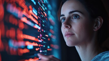 A focused woman examines digital data on a screen, illuminated by vibrant codes and patterns, symbolizing technology and analysis.