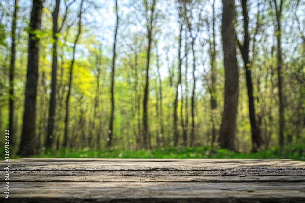 Poster a wooden table surrounded by trees and foliage in a dense forest