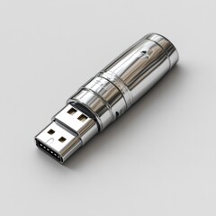 A sleek, metallic USB flash drive angled to showcase its shiny surface and detailed design, resting on a light background.
