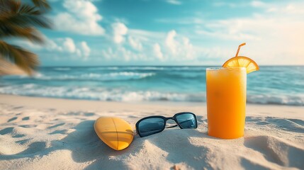 Advertising photography, a mini -surfing mini board, sunscreen and appelsin juice are in the sand on the beach against the backdrop of the sea
