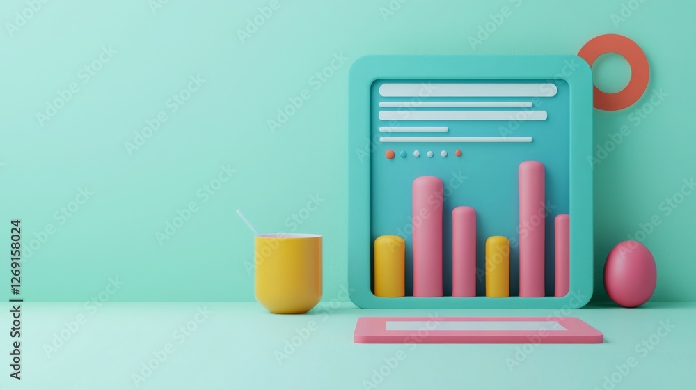 Poster e-commerce growth needs online optimization. colorful data visualization with charts and a drink on 
