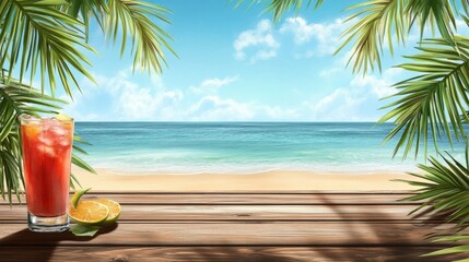 Fototapeta premium Exotic beach bar counter top with palm leaves and beach background