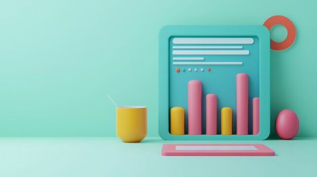 E-commerce growth needs online optimization. Colorful data visualization with charts and a drink on a mint background.