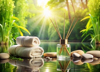 Serene Spa Setting: Relaxing Landscape with Towel and Reed Diffuser