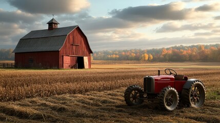 Obraz premium Vintage Red Tractor Next to Classic Barn Under Dramatic Sky