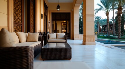 Serene veranda retreat featuring luxurious outdoor seating and tropical landscape