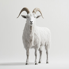 Fototapeta premium A majestic white goat with curved horns stands against a pure white background, exuding calmness and confidence