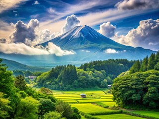 Fototapeta premium Serene Summer Landscape: Japanese Mountains, Clouds, and Lush Green Trees