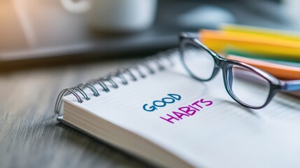 Notebook with Good Habits Written and Glasses on a Table