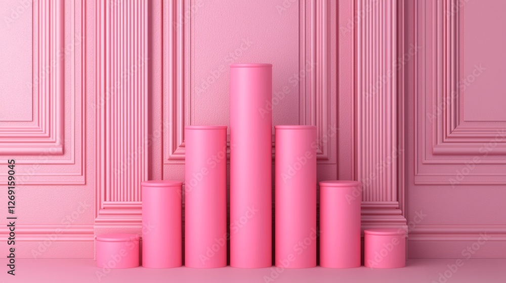 Poster e-commerce growth needs online optimization. pink cylindrical objects arranged in a gradient against