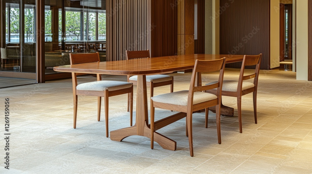 Poster a practical, space-saving dining table with a sturdy extension mechanism and a timeless wood finish.