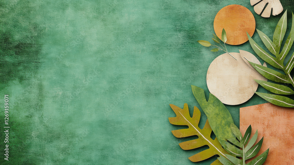 Poster bohemian background, textured green background with various leaves and circular shapes, creating a n