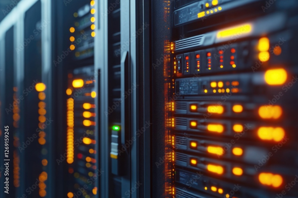 Poster Row of servers in a server room with network cables and equipment