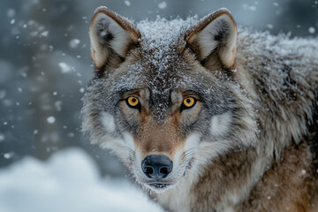 Fierce Wolf Staring in a Snowy Wilderness Closeup 