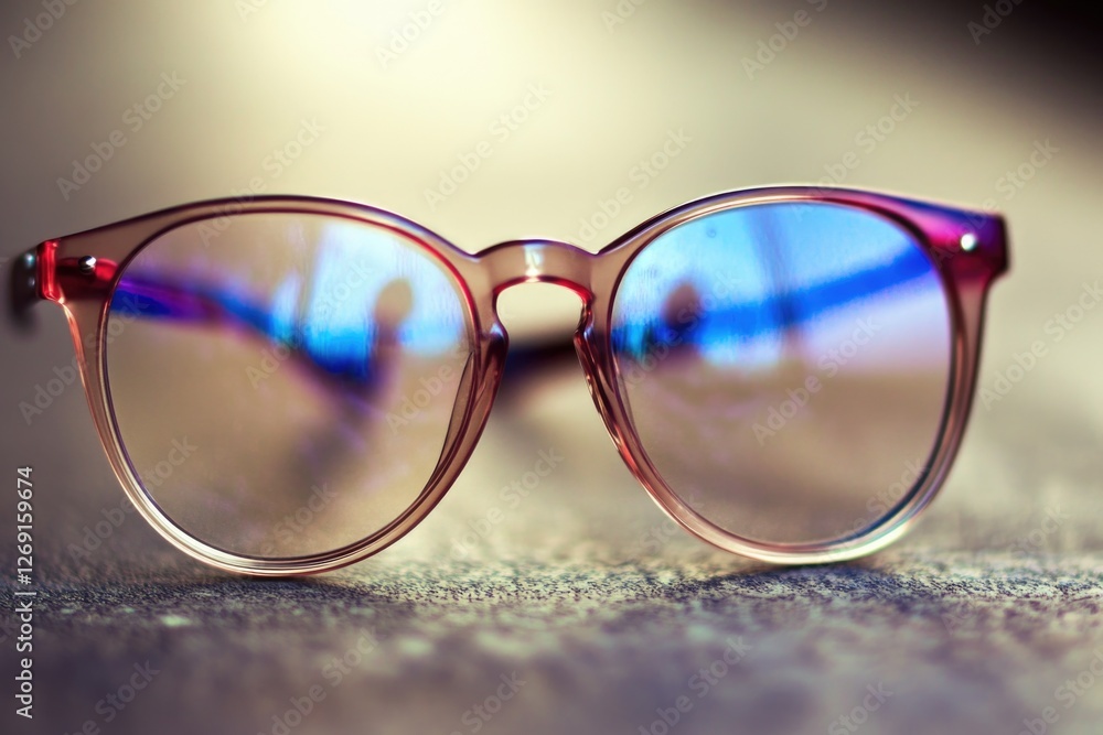 Poster a pair of glasses resting on a table with a simple, straightforward description