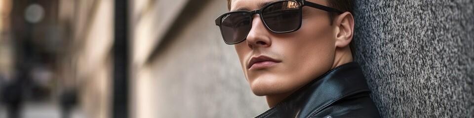A person wearing sunglasses leans against a concrete or stone wall, possibly in an urban setting
