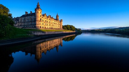 Fototapeta premium Majestic Scottish Estate Reflected in the Tranquil River Don at Sunrise