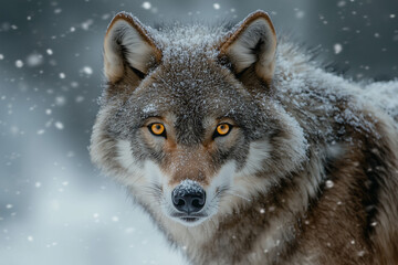 Fierce Wolf Staring in a Snowy Wilderness Closeup 