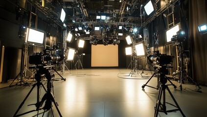 Studio cameras film empty TV set, lights on