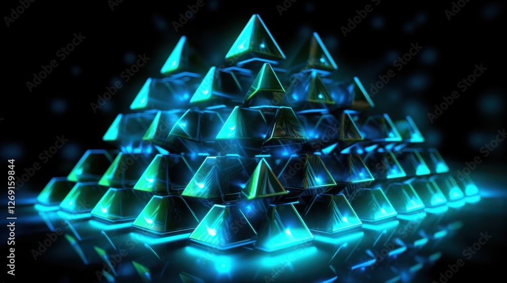 Poster glowing pyramid structure of teal and dark green triangles illuminated with bright cyan light abstra
