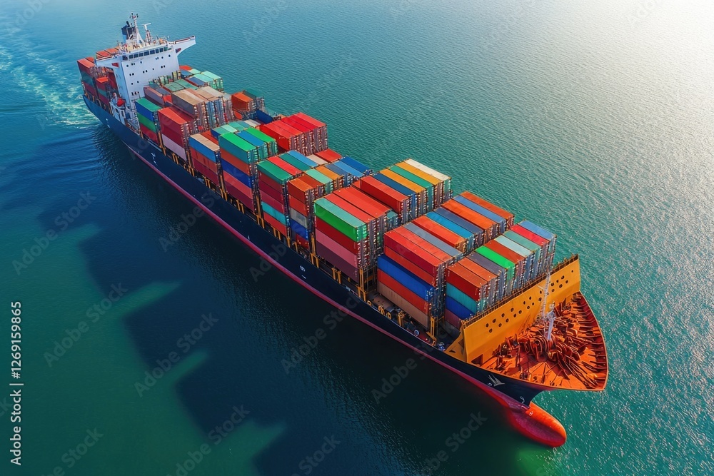 Aufkleber large container ship sailing through calm waters, perfect for use in images about transportation or 