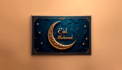 Contemporary 3D-style Eid Mubarak card featuring a metallic crescent moon and embossed text on a dark navy background

