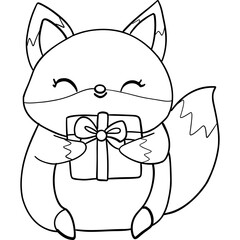 Cute cartoon fox holding a gift box with a bow. outline for coloring.