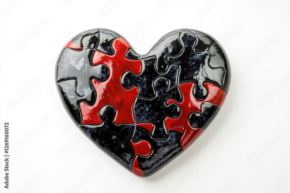 Poster a single heart-shaped puzzle piece with red and black colors, ideal for use in illustrations about l