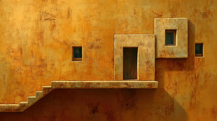 Bohemian background, Abstract composition featuring textured walls, steps, and geometric shapes in warm tones.