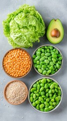 Healthy Vegan Food: Lentils, Edamame, Sesame Seeds, Lettuce and Avocado