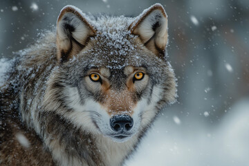 Fierce Wolf Staring in a Snowy Wilderness Closeup 