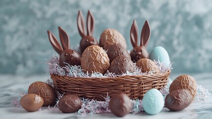 21 an elegantly arranged wicker basket overflowing with colorful chocolate eggs sweets and decorative items for festive celebrations and easter joy