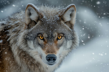 Fierce Wolf Staring in a Snowy Wilderness Closeup 