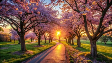 Obraz premium Serene Sunset Park Pathway with Falling Pink Cherry Blossoms