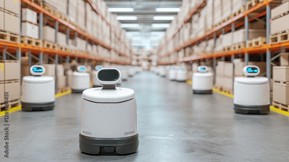 Poster e-commerce growth needs online optimization. robots navigating a modern warehouse filled with boxes.