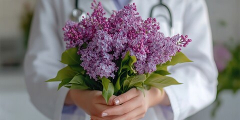 A woman wearing a white coat holds a bouquet of purple flowers