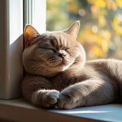 British Shorthair Cat Relaxing in Sunlight by Window