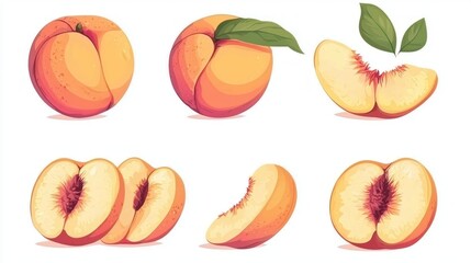 A delightful assortment of ripe peaches showcases their vibrant orange skin and luscious flesh. Each peach features intricate details of its natural curves and juicy interior