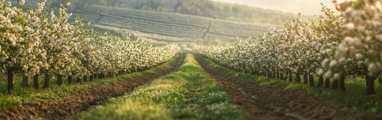 Rows of fruit trees in full bloom line the orchard, showcasing delicate white blossoms against a backdrop of lush greenery in springtime. Sunlight bathes the scene in warmth and beauty