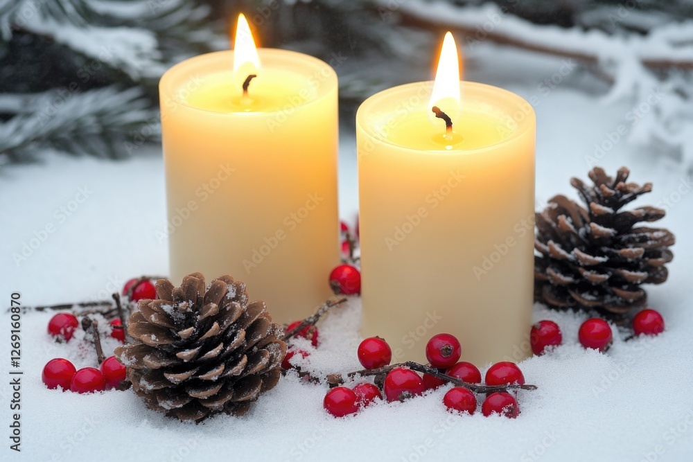 Poster two lit candles surrounded by pine cones and berries in a snowy setting