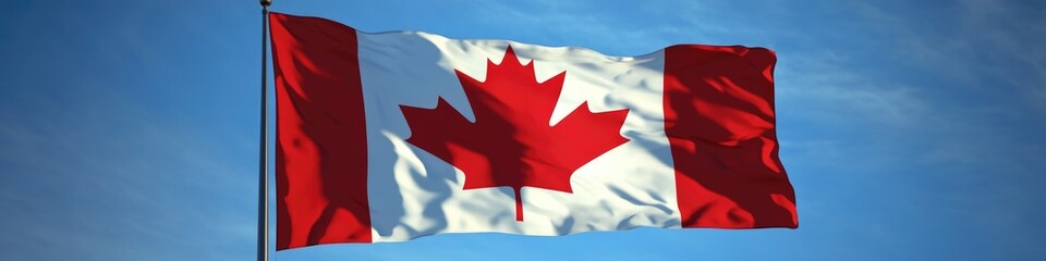 A Canadian flag flying high in a clear blue sky, perfect for patriotic and national pride imagery