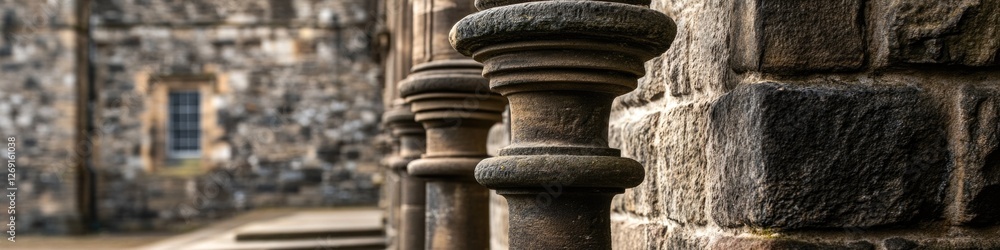 Poster a stone wall with a building in the background, suitable for use as a decorative element or architec