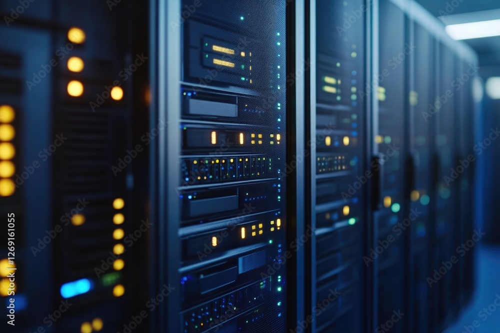 Poster row of servers in a modern server room, suitable for use in corporate or technical settings