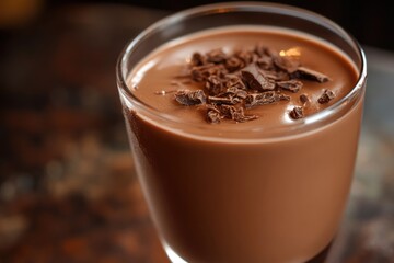 A glass filled with chocolate milk and topped with rich chocolate chunks, perfect for a sweet treat or snack