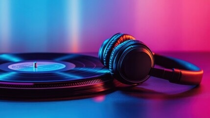 Vinyl Record and Headphones Under Neon Lights