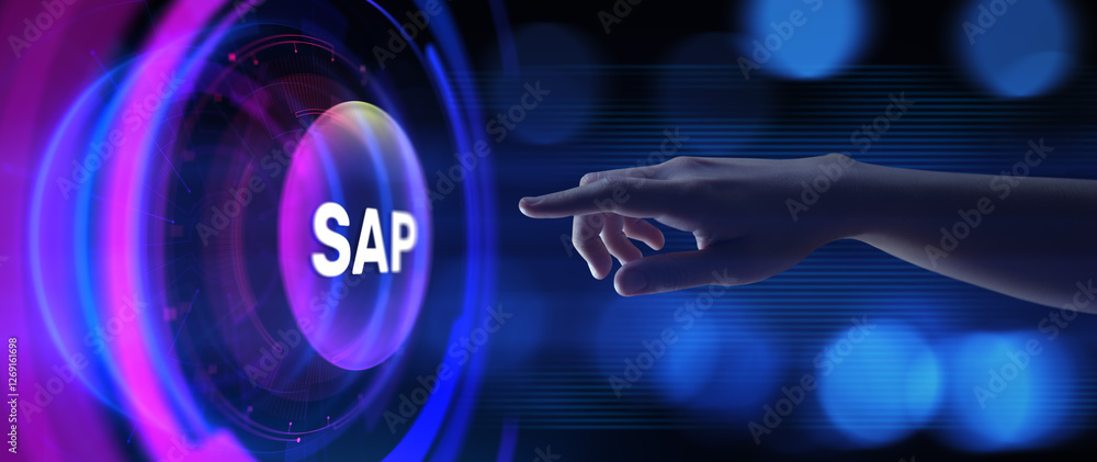 Aufkleber sap business process automation software system on virtual screen.